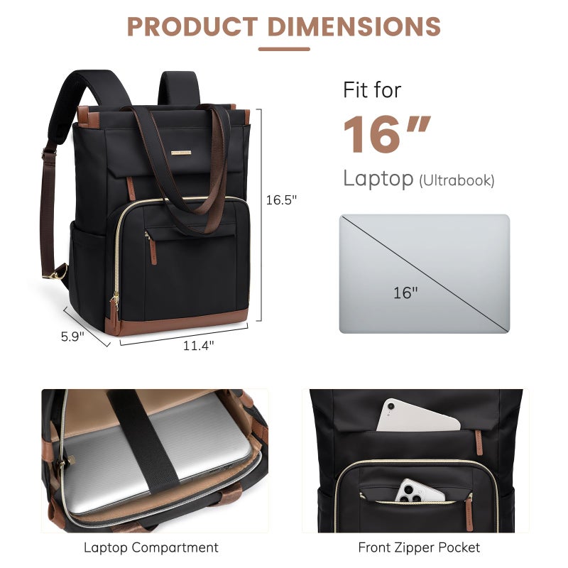 GOLF QUALITY Convertible Daypack Laptop Backpack for Women Men Carry on Tote Backpack Bookbag for College Work Nurse Travel,16Inch,Black - Image 4
