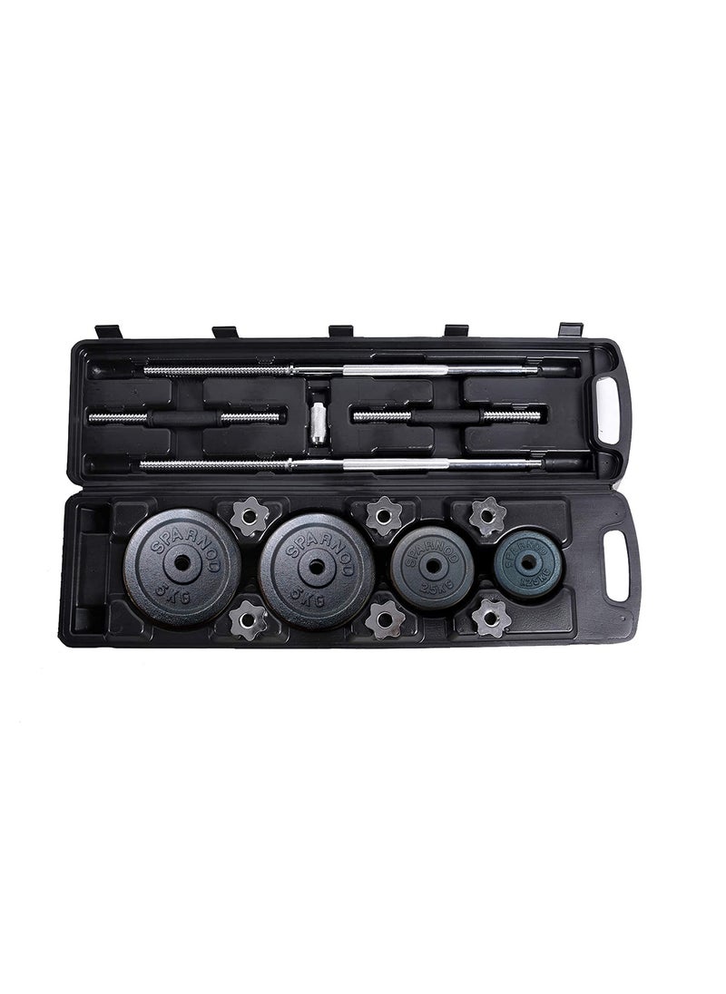 Sparnod Fitness - Sparnod Fitness 50kg Adjustable Dumbbell & Barbell Weight Set with 4 Rods and 14 Plates Dumbbells with Anti slip Grip, Barbell rod & Carry Case (SD-50) - Image 1