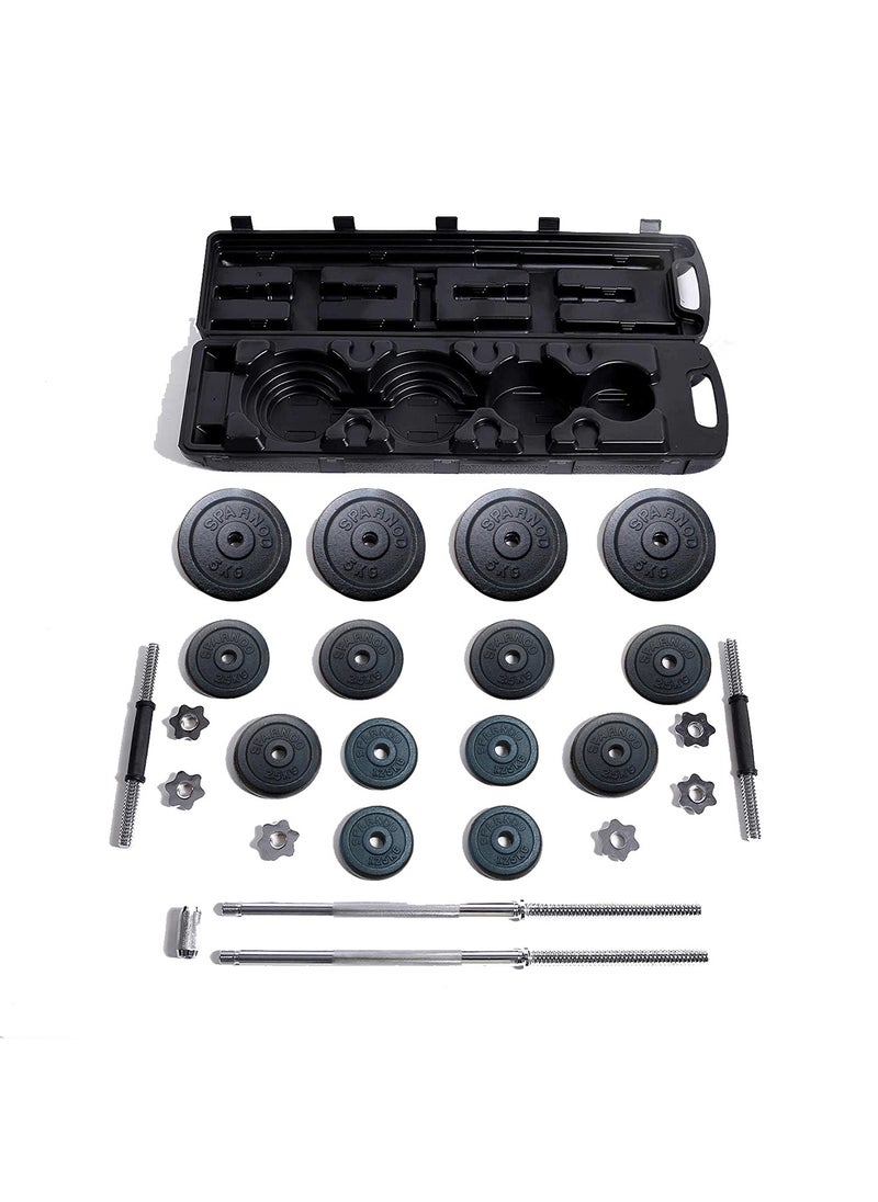 Sparnod Fitness - Sparnod Fitness 50kg Adjustable Dumbbell & Barbell Weight Set with 4 Rods and 14 Plates Dumbbells with Anti slip Grip, Barbell rod & Carry Case (SD-50) - Image 1