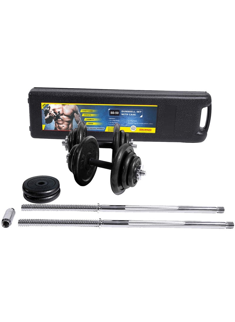 Sparnod Fitness - Sparnod Fitness 50kg Adjustable Dumbbell & Barbell Weight Set with 4 Rods and 14 Plates Dumbbells with Anti slip Grip, Barbell rod & Carry Case (SD-50) - Image 1