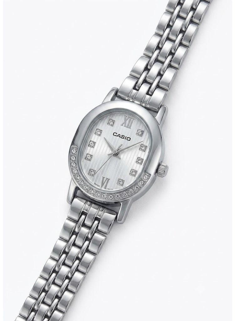 Casio Women's Silver-Tone Oval Dress Watch with Crystal Accents and Stainless Steel Bracelet