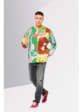 Men Crew Neck Long Sleeves Brand Logo T-Shirt, Green Combo