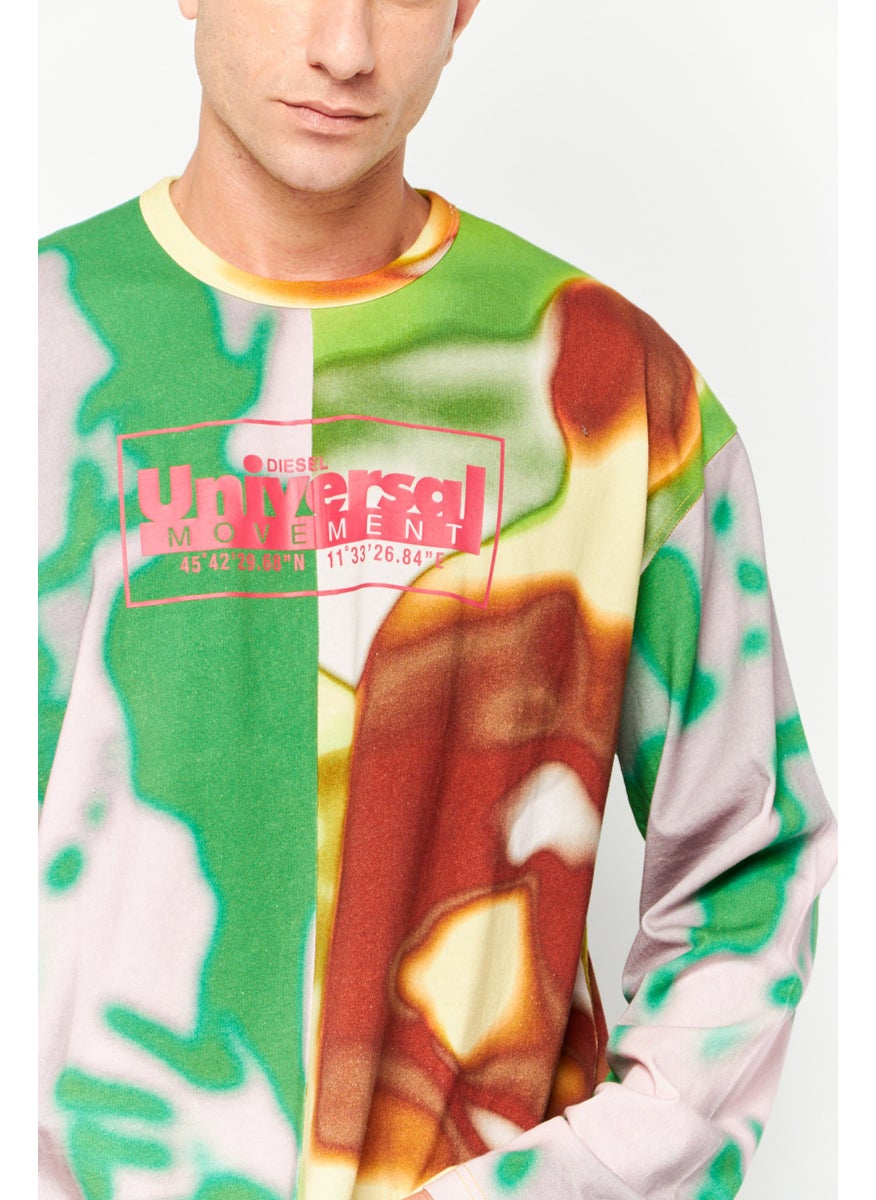 DIESEL - Men Crew Neck Long Sleeves Brand Logo T-Shirt, Green Combo - Image 1