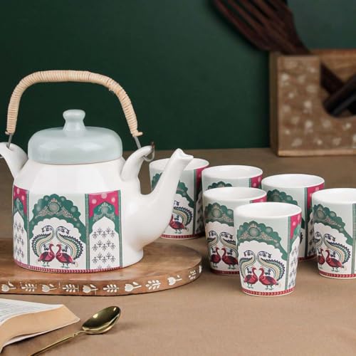 The Earth Store Premium Peagal Ceramic Tea Glass Set with Kettle Microwave and Dishwasher Safe Teapot Set 6 Tea Glasses & 1 Kettle for Gifting, Home Décor - Image 3