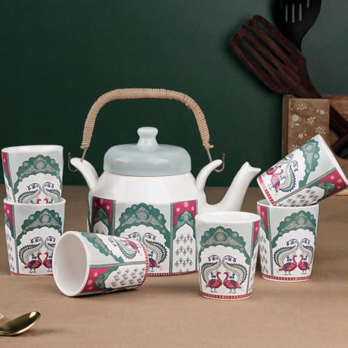 The Earth Store Premium Peagal Ceramic Tea Glass Set with Kettle Microwave and Dishwasher Safe Teapot Set 6 Tea Glasses & 1 Kettle for Gifting, Home Décor - Image 4