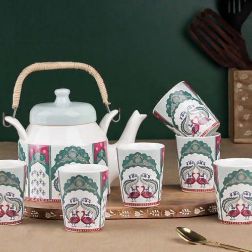 The Earth Store Premium Peagal Ceramic Tea Glass Set with Kettle Microwave and Dishwasher Safe Teapot Set 6 Tea Glasses & 1 Kettle for Gifting, Home Décor - Image 5