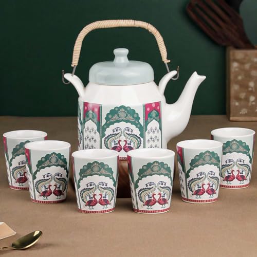 The Earth Store Premium Peagal Ceramic Tea Glass Set with Kettle Microwave and Dishwasher Safe Teapot Set 6 Tea Glasses & 1 Kettle for Gifting, Home Décor - Image 1