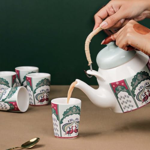 The Earth Store Premium Peagal Ceramic Tea Glass Set with Kettle Microwave and Dishwasher Safe Teapot Set 6 Tea Glasses & 1 Kettle for Gifting, Home Décor - Image 2