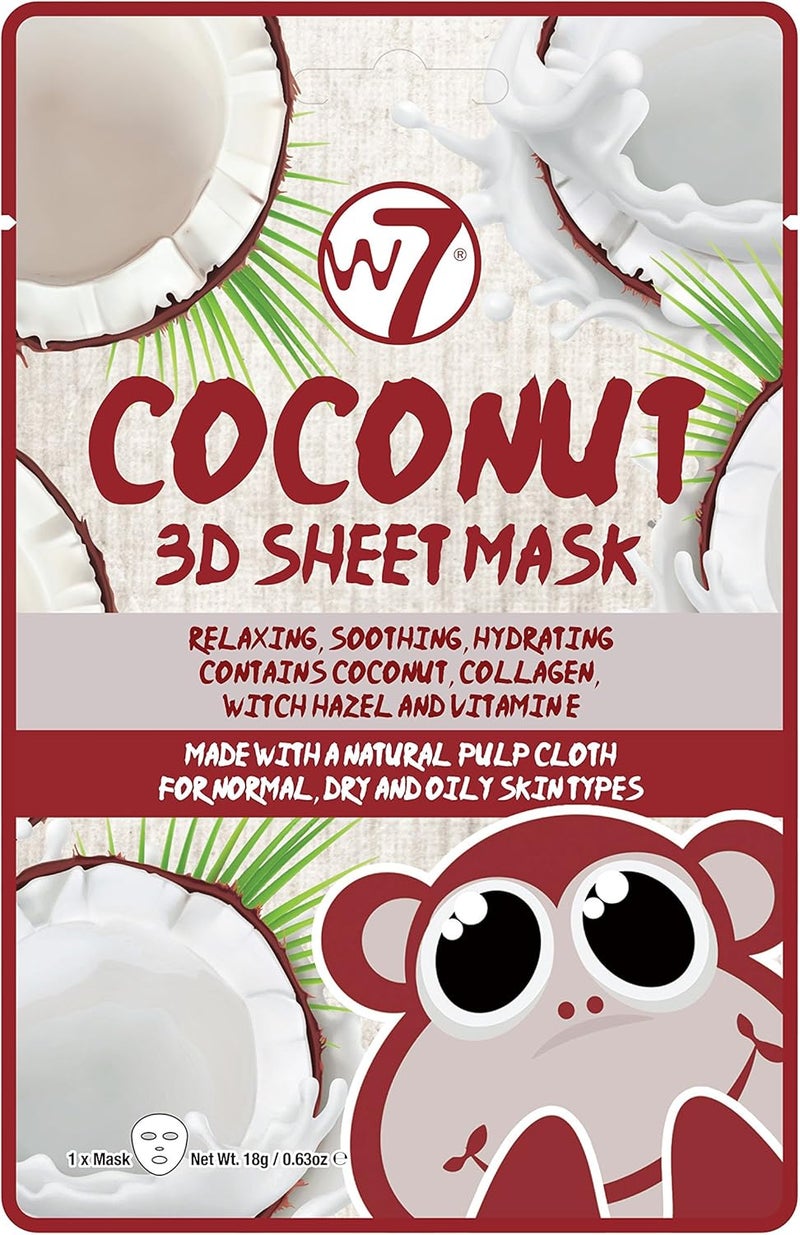 W7 Coconut 3D Sheet Mask Face Mask Soothing Skin Care Hydrating Moisturising X1