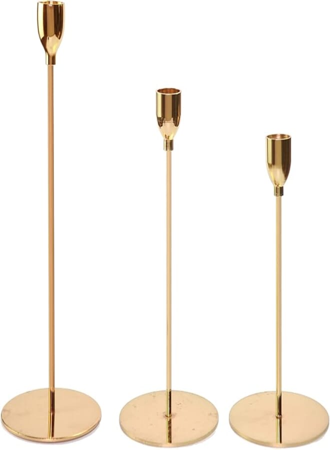 HomeDirectShip Gold Candle Holders Set of 3 for Taper Candles - Decorative Candlestick Holder for Dinning - Fits 3/4 inch Thick Candles- Metal Candle Holder for Decor Purposes and Table centerpieces