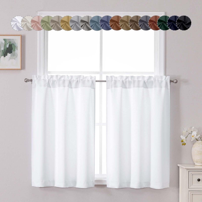 Chyhomenyc Light Filtering Short Curtains 36 Inch Length, Small Kitchen Curtain Tiers Over Sink, Half Window Cafe Curtain Tier for Bathroom Basement Cabinet Camper, 2 PCS, Each 30" Wx36 L, Pure White - Image 1
