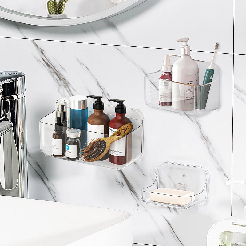 Diesisa 3pc Acrylic Wall Mount Organizer  Adhesive Clear Shower Caddies Acrylic Soap Basket for wall No Drilling Hang Walls with Self Adhesive Tape  for Bathroom  Kitchen  Living Room - Image 1