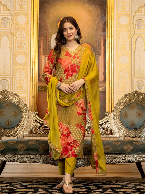 Vaamsi Women's Floral Straight Printed Kurta Pant With Dupatta Set (PKSKD2704_XL_Green) - Image 5
