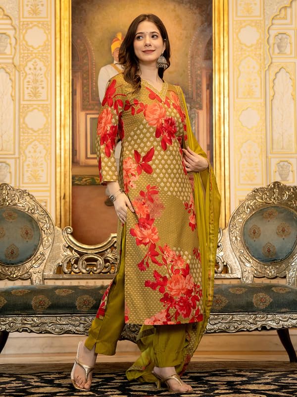 Vaamsi Women's Floral Straight Printed Kurta Pant With Dupatta Set (PKSKD2704_XL_Green) - Image 3