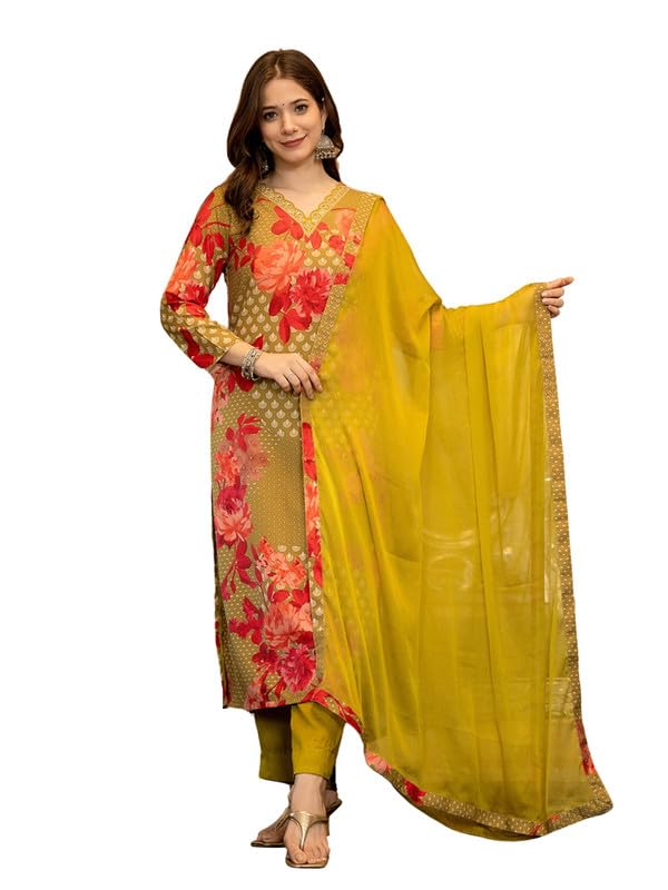 Vaamsi Women's Floral Straight Printed Kurta Pant With Dupatta Set (PKSKD2704_XL_Green) - Image 1