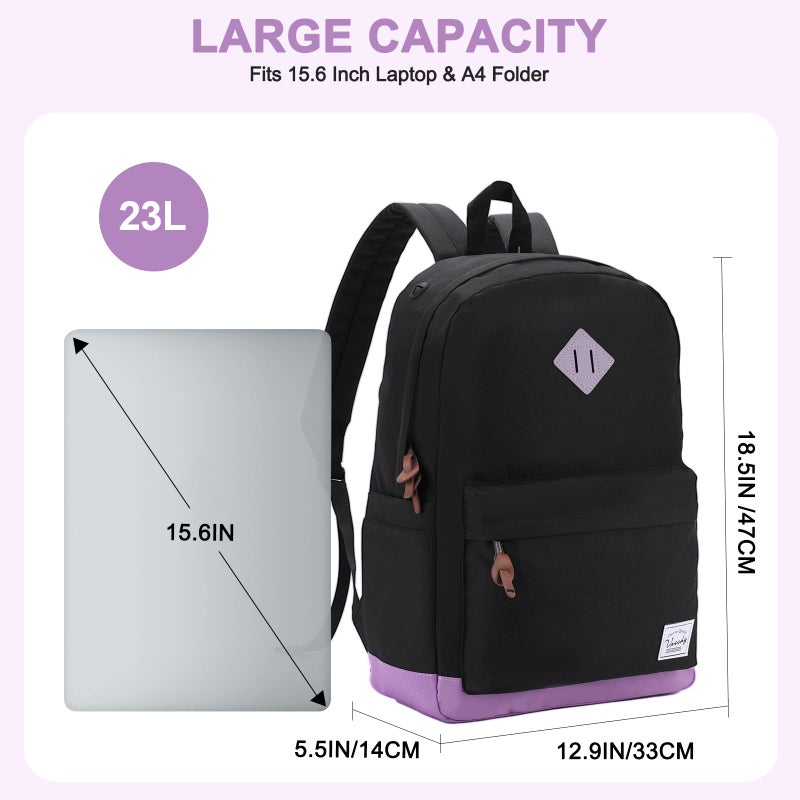 VASCHY Backpack for Teen Girls, Unisex Classic Water Resistant School Backpack Fits 15Inch Laptop (Black Purple) - Image 2