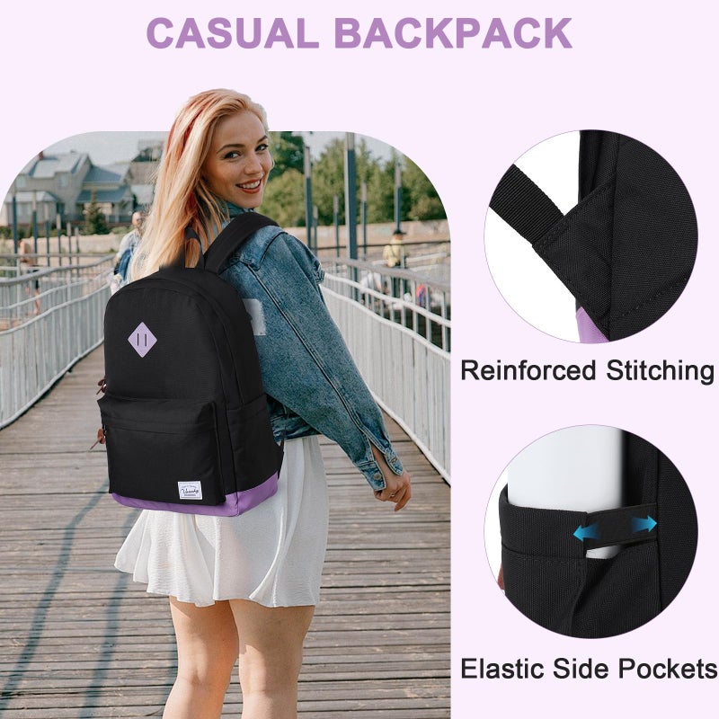 VASCHY Backpack for Teen Girls, Unisex Classic Water Resistant School Backpack Fits 15Inch Laptop (Black Purple) - Image 5