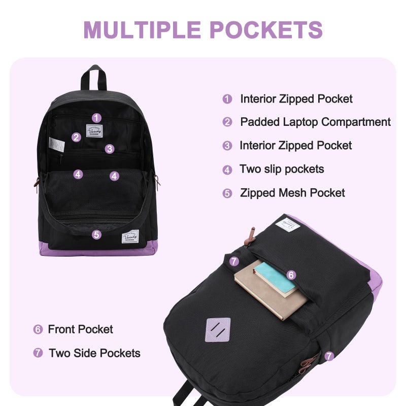 VASCHY Backpack for Teen Girls, Unisex Classic Water Resistant School Backpack Fits 15Inch Laptop (Black Purple) - Image 3