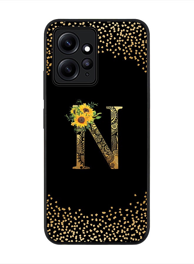 Stylizedd غطاء لهاتف Redmi Note 12 4G، غطاء واقي أسود متين نحيف - حرف مونوغرام مخصص نمط زهري أبجدية-N (أسود) - Image 1