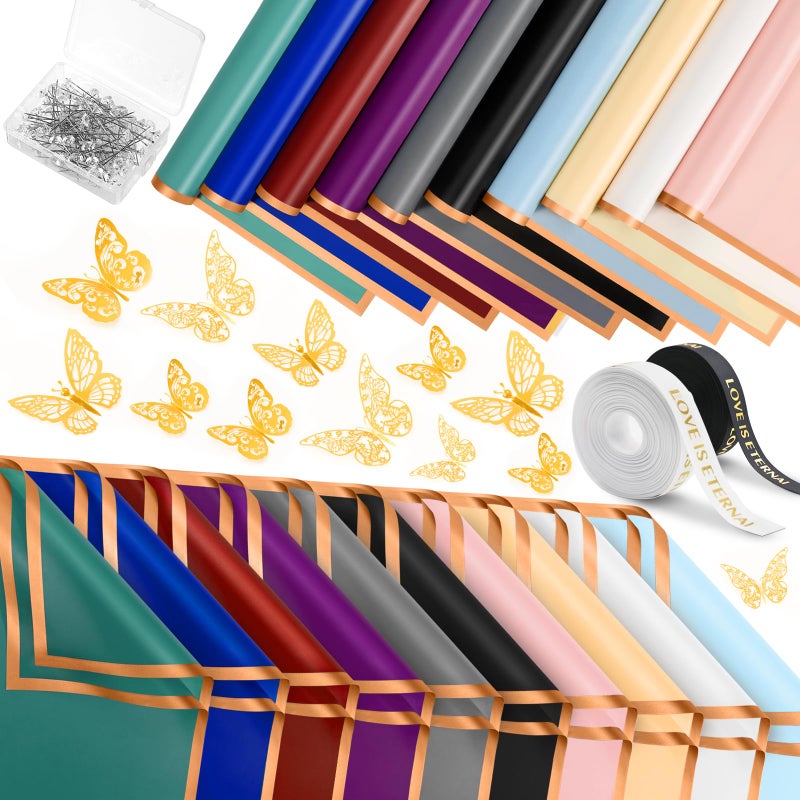 NESCCI 200 Sheets Flower Wrapping Paper Waterproof Florist Bouquet Paper70Ft Satin Ribbon 36 Pcs 3D Butterflies 100 PCS Flower Pins for Wedding Birthday Gift DIY 10 Colors