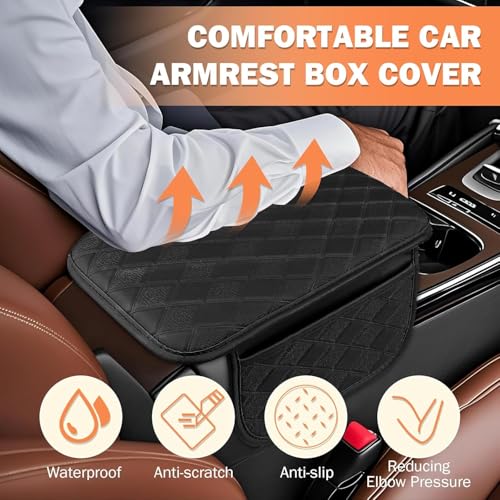Eliane Car Center Console Armrest Cover Pad Fashion PU Leather Car Armrest Cushion Fit for SUV, Auto Armrest Seat Box Cover with 2 Mobile Pockets, Ergonomic Comfort & Easy Install (Black) - Image 3