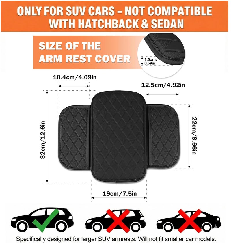 Eliane Car Center Console Armrest Cover Pad Fashion PU Leather Car Armrest Cushion Fit for SUV, Auto Armrest Seat Box Cover with 2 Mobile Pockets, Ergonomic Comfort & Easy Install (Black) - Image 2