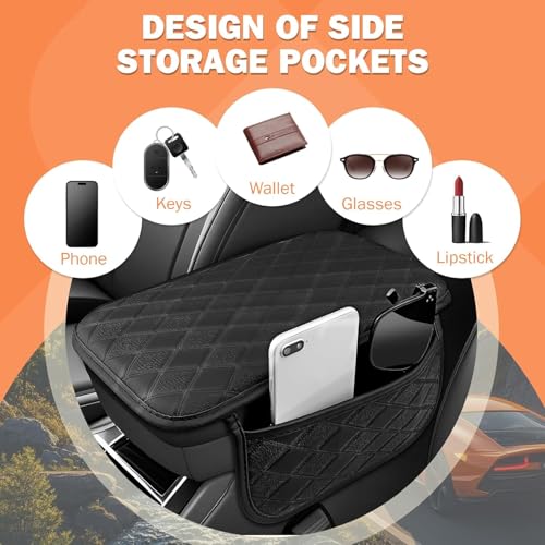 Eliane Car Center Console Armrest Cover Pad Fashion PU Leather Car Armrest Cushion Fit for SUV, Auto Armrest Seat Box Cover with 2 Mobile Pockets, Ergonomic Comfort & Easy Install (Black) - Image 4