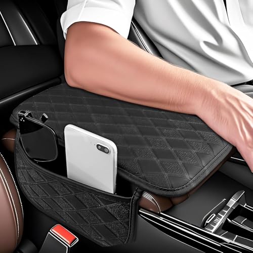 Eliane Car Center Console Armrest Cover Pad Fashion PU Leather Car Armrest Cushion Fit for SUV, Auto Armrest Seat Box Cover with 2 Mobile Pockets, Ergonomic Comfort & Easy Install (Black) - Image 1