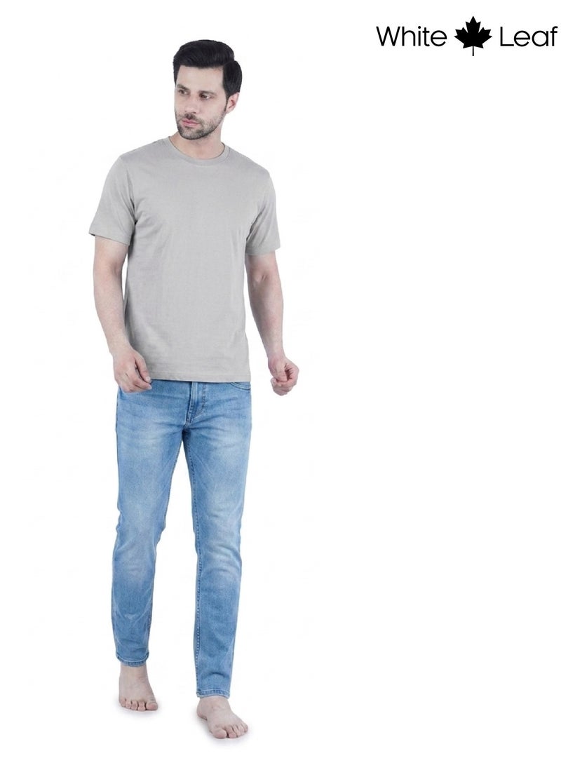 WHITE LEAF Men's Round Neck T-Shirt 1 Piece – 100% Combed Cotton Breathable Comfortable Casual Wear, Grey Melange - Image 2