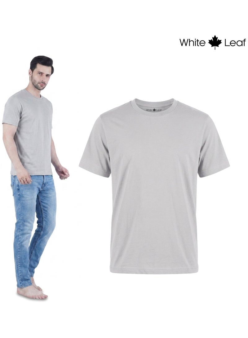 WHITE LEAF Men's Round Neck T-Shirt 1 Piece – 100% Combed Cotton Breathable Comfortable Casual Wear, Grey Melange - Image 3