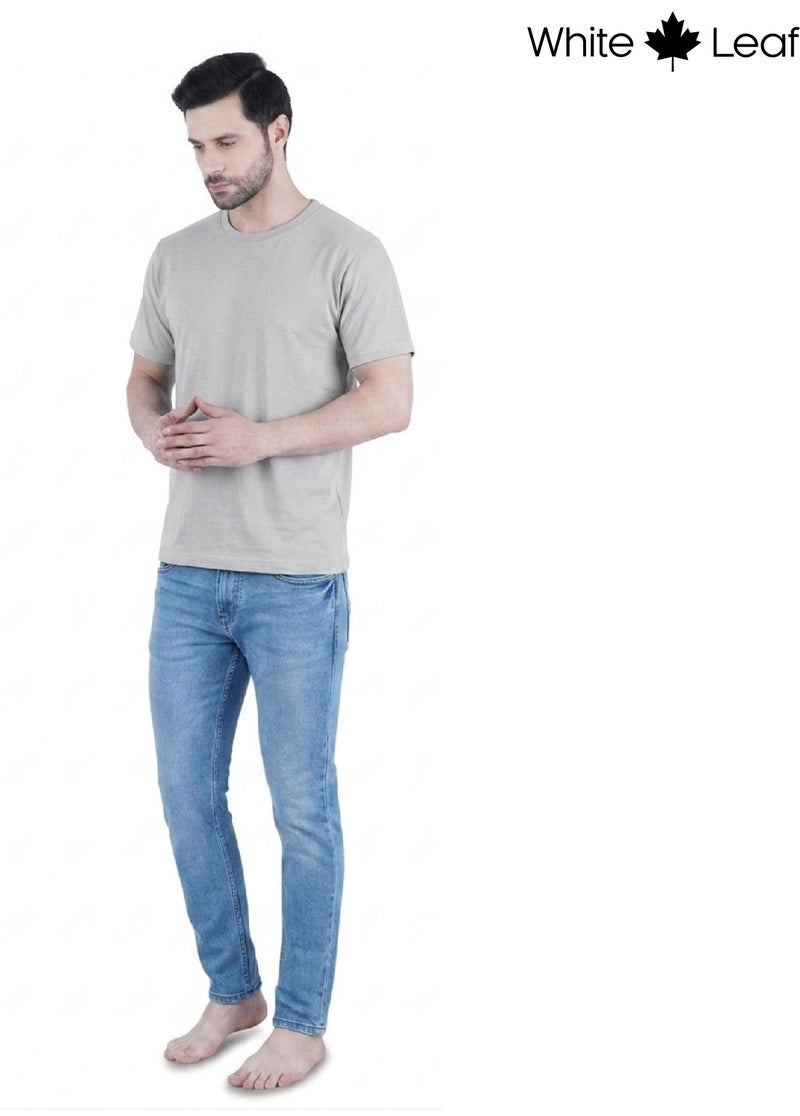 WHITE LEAF Men's Round Neck T-Shirt 1 Piece – 100% Combed Cotton Breathable Comfortable Casual Wear, Grey Melange - Image 5