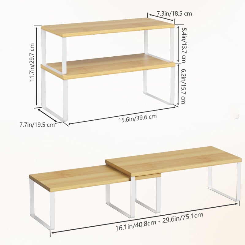 NEX Kitchen Cabinet and Counter Shelf Organizer, Stackable & Expandable, Set of 4, White and Natural - 7.7 x 15.6 x 6.2'' - Image 3