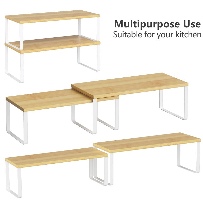 NEX Kitchen Cabinet and Counter Shelf Organizer, Stackable & Expandable, Set of 4, White and Natural - 7.7 x 15.6 x 6.2'' - Image 4