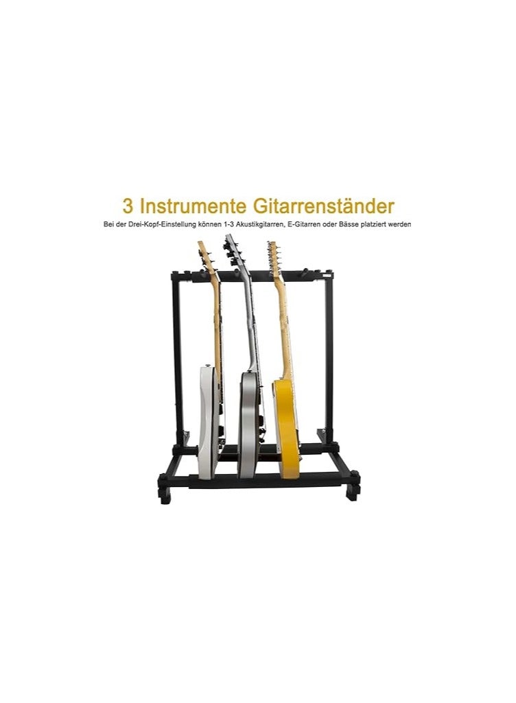 3-Way Guitar Stand Multistand Guitar Tripod Multiple Guitar Holder, Foldable with Wheels, Guitar Stand, Multi-Guitar Rack for Acoustic Guitar, Classical Guitar, Acoustic Bass, Electric Guitar,