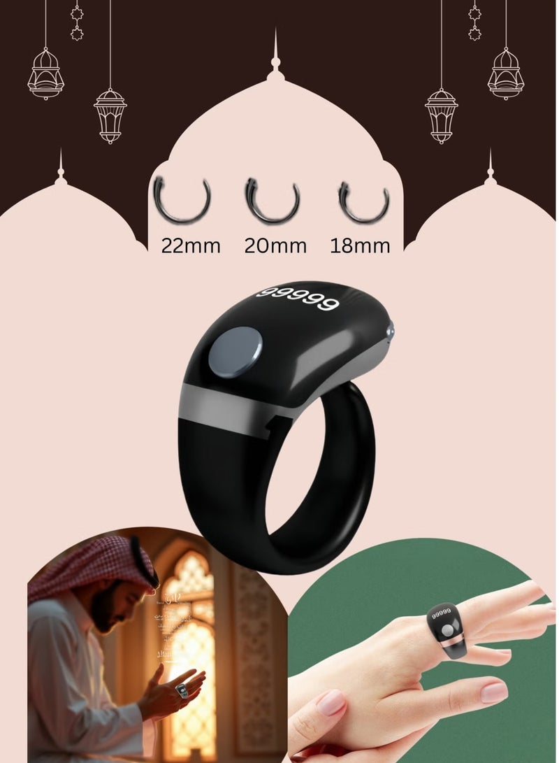 iQIBLA Smart Zikr Ring | 20 MM Prayer Counter, Tasbih Counter & Muslim Prayer Time Reminder | Waterproof Wearable Technology | Black and Gray - Image 1