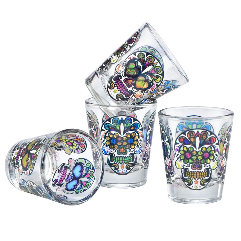 Culver Sugar Skulls Decorated Shot Glasses 175Ounce Set of 4