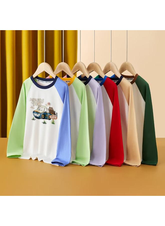 Tinsino Children's Long-sleeve T-shirt, Boys And Girls T-shirt, Spring Two-tone Raglan Sleeve Top, Children's Clothing, Green Brown Purple Yellow