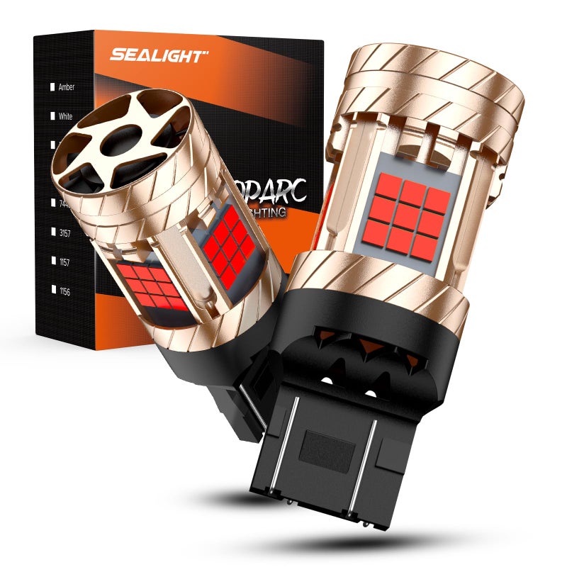 SEALIGHT 7443 7440 LED Bulb T20 Brake Light Error Free Red With Turbo Fan 30W 3200LM Super Bright for Stop Blinker Tail Brake Light Anti Hyper Flash Pack of 2