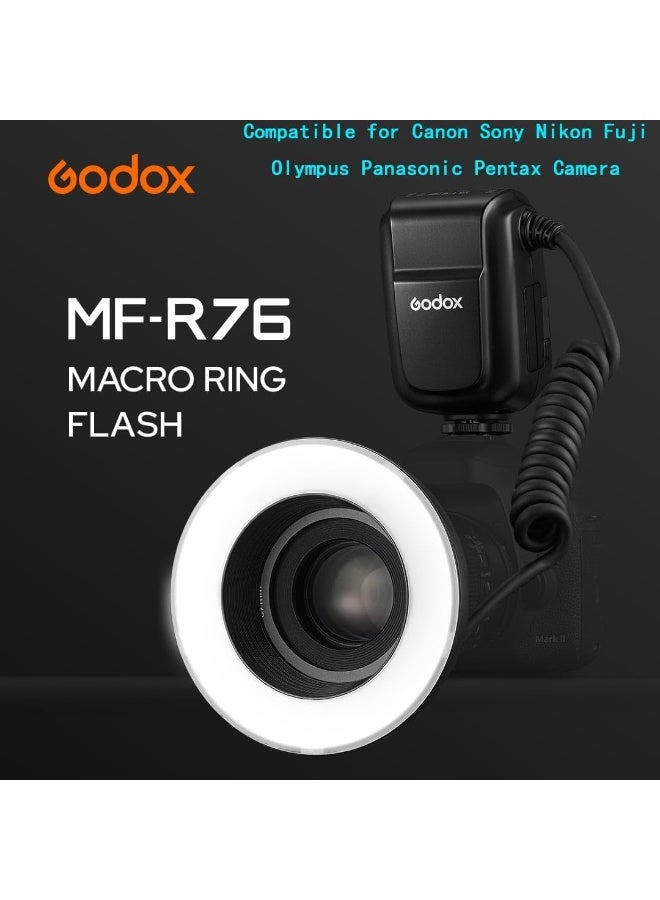 جودوكس فلاش حلقي ماكرو LED طراز MF-R76 مع بطارية بسعة 2600 مللي أمبير في الساعة، قوة 76 واط/ثانية، 660 ومضة كاملة الطاقة، أنبوبا فلاش مزدوجان، تعديل الطاقة من 1/128 إلى 1/1، 10 مستويات لنسبة الطاقة، متوافق مع كاميرات كانون ونيكون وسوني وفوجي وأوليمبوس وباناسونيك. - Image 2