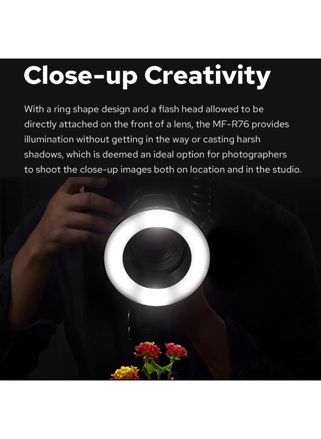 جودوكس فلاش حلقي ماكرو LED طراز MF-R76 مع بطارية بسعة 2600 مللي أمبير في الساعة، قوة 76 واط/ثانية، 660 ومضة كاملة الطاقة، أنبوبا فلاش مزدوجان، تعديل الطاقة من 1/128 إلى 1/1، 10 مستويات لنسبة الطاقة، متوافق مع كاميرات كانون ونيكون وسوني وفوجي وأوليمبوس وباناسونيك. - Image 3