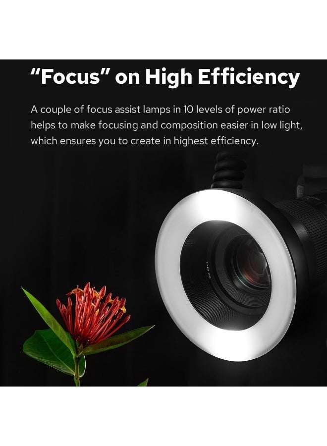 جودوكس فلاش حلقي ماكرو LED طراز MF-R76 مع بطارية بسعة 2600 مللي أمبير في الساعة، قوة 76 واط/ثانية، 660 ومضة كاملة الطاقة، أنبوبا فلاش مزدوجان، تعديل الطاقة من 1/128 إلى 1/1، 10 مستويات لنسبة الطاقة، متوافق مع كاميرات كانون ونيكون وسوني وفوجي وأوليمبوس وباناسونيك. - Image 5