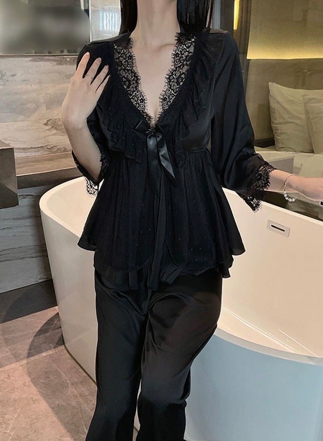 أم أتش دي طقم ملابس نوم أسود أنيق: من الساتان والدانتيل لتوفير أقصى درجات الراحة - Image 1