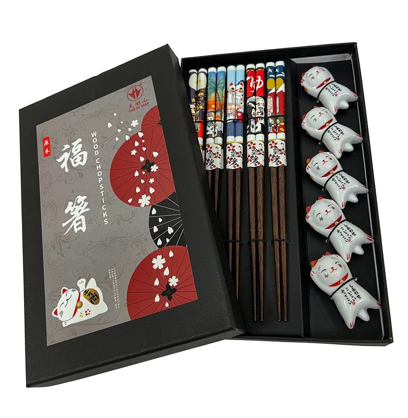 LANHUTHS Wooden Chopsticks Reusable 5 Pairs Gift Set with 5pcs porcelain rest Lucky Cat Design HandMade 88 Inch225cm