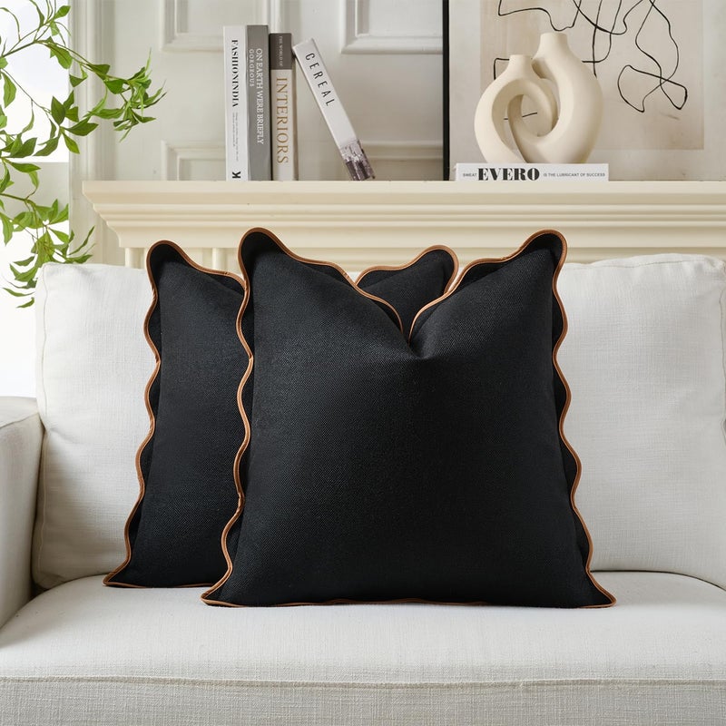 Mayler Yee Scalloped Pillow Covers Set of 2 for Living Room | Decorative Sofa Couch Pillows | Boho Sytle Decorative Home | Aesthetic Funky Preppy Pillow Cases (Black & Brown, 18x18 Inch) - Image 1