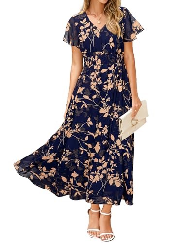 Simplee Apparel Simplee Womens Floral Maxi Dress - Short Sleeve Summer Boho Wedding Guest Dress Empire Waist Chiffon Modest Midi Dresses Navy,M - Image 1