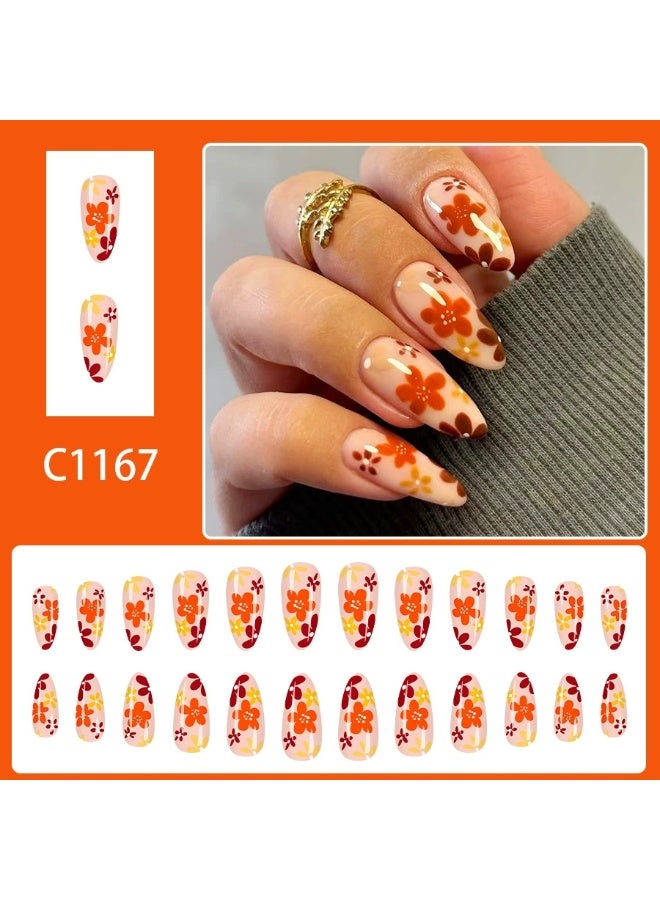 Goolsky Autumn Gentle Orange Coffee Floral Drop-shaped Press-on Nails - Image 1