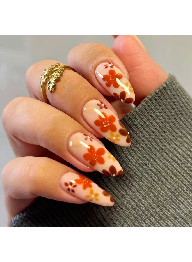Goolsky Autumn Gentle Orange Coffee Floral Drop-shaped Press-on Nails - Image 2