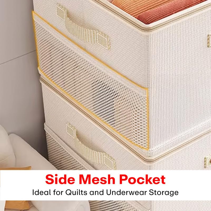 Prime Pick Storage Box Foldable Oxford Cloth Organizer with Lid Reinforced Handles Washable Wardrobe Storage for Clothes Almirah Drawer Clothing Beige Pack of 1 - Image 4