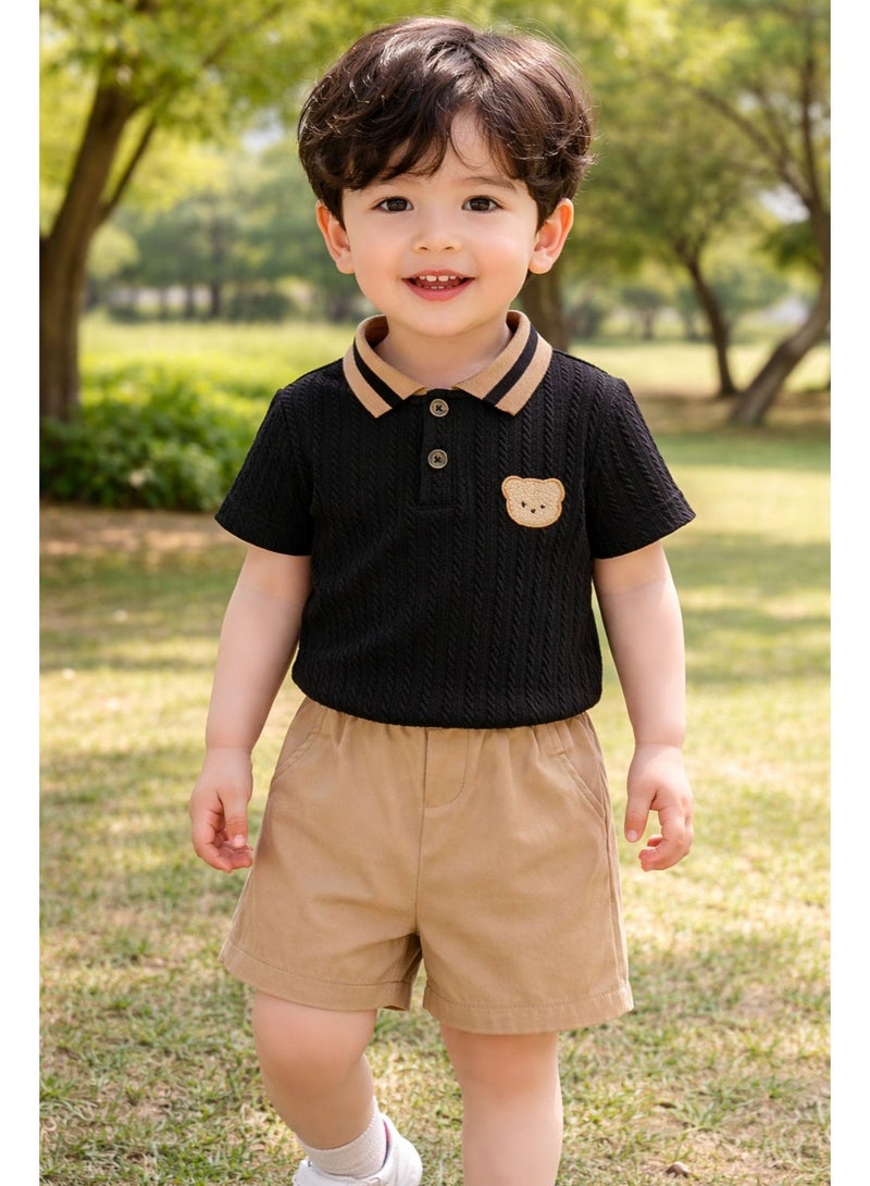 Smarties AE Toddler Boys 2-Piece Outfit Set (18–24 Months) – Cable Knit Polo Shirt with Teddy Patch & Elastic Waist Shorts – Soft Summer Clothing Set for Baby Boys - Image 1