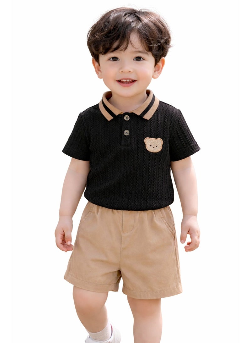 Smarties AE Toddler Boys 2-Piece Outfit Set (18–24 Months) – Cable Knit Polo Shirt with Teddy Patch & Elastic Waist Shorts – Soft Summer Clothing Set for Baby Boys - Image 2